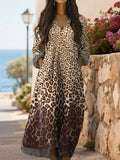 Leopard Pattern Long Sleeve Casual Cotton Maxi Dress