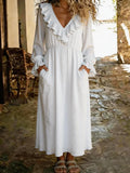 Solid Color V-neck Ruffled Long Sleeve Casual Loose Maxi Dress