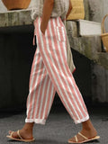 Red Ethnic Stripe Lace-Up Elastic Waist Loose Casual Pants