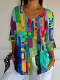 Abstract art style V-neck 3/4 Sleeve Tops