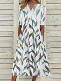 Leaf Print V-neck Half Sleeve Midi Dress