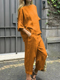Crew Neck 3/4 Sleevess Loose Top With Pants Two-Piece Suits