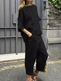Crew Neck 3/4 Sleevess Loose Top With Pants Two-Piece Suits