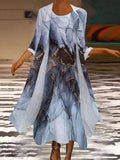 Random Print Two Piece Set Spring/Fall Coat with Skirt Three Quarter Sleeve Casual Daily Wear