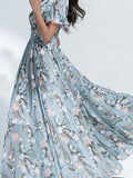 Floral Print Short V-neck Sleeve Comfy Midi Dress