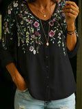 Vintage Florl V-Neck Cotton Linen Shirt Blouse
