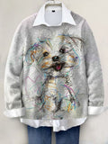 Lovely Dog Hand-painted Art Print Knit Pullover Sweater