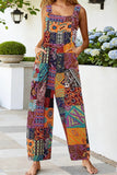 Women's Casual Patchwork Dual Pocket Loose Orange Floral Print Bohemian Jumpsuit