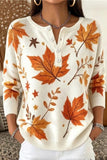 Women Vintage Maple Leaf Henley Collar Long Sleeve Sweater