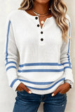 Women Casual Striped Henley Collar Long Sleeve Sweater