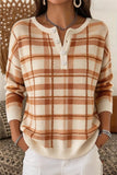 Women Casual Vintage Plaid Henley Collar Long Sleeve Sweater