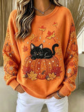 Women Casual Cat Pumpkin Crew Neck Long Sleeve Sweatshirt