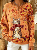 Women Casual Cat Maple Leaf Crew Neck Long Sleeve Sweatshirt