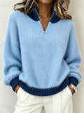 Women Blue Plain Long Sleeve Comfy Casual Sweater