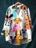 Women's Colorful Fun Cartoon Puppy Print Casual Cotton And Linen V-neck Shirt