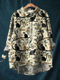 Vintage Lovely Cats Floral Art Print Casual Cotton And Linen Shirt