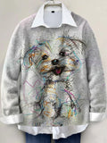 Lovely Dog Hand-painted Art Print Knit Pullover Sweater