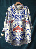 Women's Blue Floral Pattern and Red Flower Print Casual Cotton And Linen Shirt