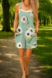 Women’s Mint Blue Flower Print Casual Cotton Wide Leg Romper