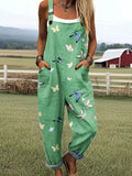 Women's Vintage Butterfly Art Print Casual Cotton Wide Leg Jumpsuit