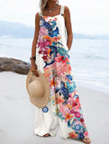 Women's Watercolor Turtle Floral Pattern Protect Split Joint Square Collar Loose Linen Fabric Jumpsuits
