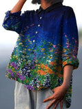 Decorative Pattern of Flower Field Under Night Sky Casual Cotton And Linen Shirt