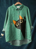 Women's Question Mark Kitten Print Casual Cotton And Linen Shirt