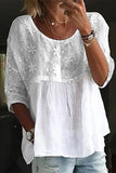Women's Lace Embroidery Patchwork Loose Crew Neck Split Joint Shirt