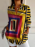 Women's Red Yellow Color-block Abstract Figure Print Casual Cotton Shirt