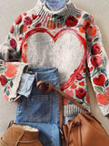 Lovely Floral Heart Valentine's Day Art Print Knit Turtleneck Pullover Sweater
