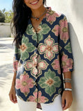 Women’s Retro Gradient Floral V-Neck Ruffled Denim Shirt RYDS1206