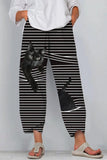 Cat Stripe Print with Pockets Elastic Waist Pants