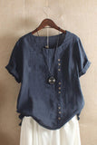 Women's Round Neck Solid Color Buttons Short Sleeves Blouse