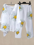 Women's Sunflower Print Shirt Collar Top And Casual Pants Linen Two Pieces