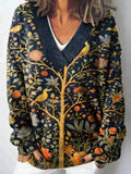 Indian Art Tree Bird Floral Vintage Print Art Knit V-neck Pullover Sweater