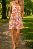 Women’s Orange Pink Tropical Floral Print Casual Cotton Wide Leg Romper