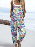 Wome'S Watercolor Turtle PatternPrint Casual Cotton Wide Leg Jumpsuit