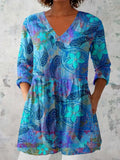 Women's Elegant Floral Pattern Cotton and Linen Top