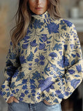 Women's Vintage Lovely Floral Art Print Knit Turtleneck Pullover Sweater