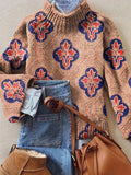 Women's Vintage Lovely Floral Art Print Knit Turtleneck Pullover Sweater