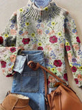 Vintage Lovely Floral Art Print Knit Turtleneck Pullover Sweater