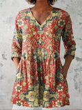 Women's Vintage Floral Art Print Casual Cotton Linen V-neck Shirt