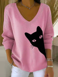 Women's Lovely Cat Art Print Casual Pullover Sweater