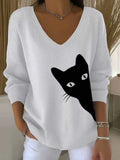 Women's Lovely Cat Art Print Casual Pullover Sweater