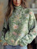 Women's Vintage Art Flower Print Knit Turtleneck Pullover Sweater