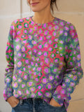Women's Colourful Artistic Flowers Print Knit Pullover Sweater
