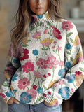 Women's Artistic Creative Flowers Print Knit Turtleneck Pullover Sweater