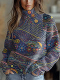 Vintage Art Print Knit Turtleneck Pullover Sweater