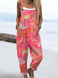 Women's Vintage Flowers Art Print Casual Cotton Linen Wide Leg Jumpsuit
