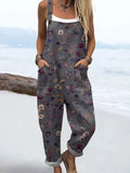 Women's Vintage Flowers Art Print Casual Cotton Linen Wide Leg Jumpsuit RJ005